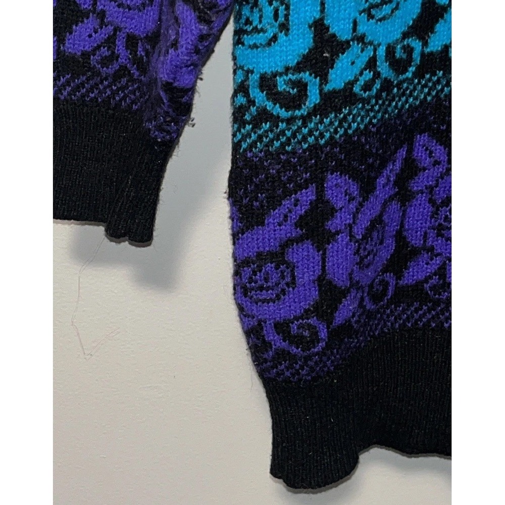 Vintage Rainbow Rose Knit Sweater Women M 3/4 Sleeve Colorblock Floral Y2K - Picture 6 of 11